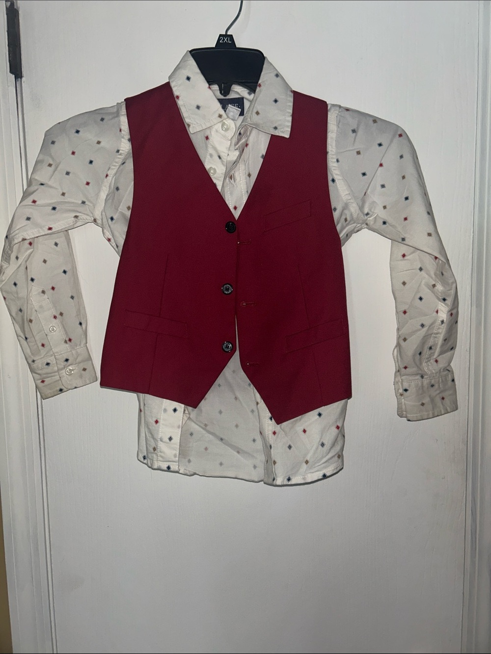 Boys Red Dress Vest with White Patterned Button-Up